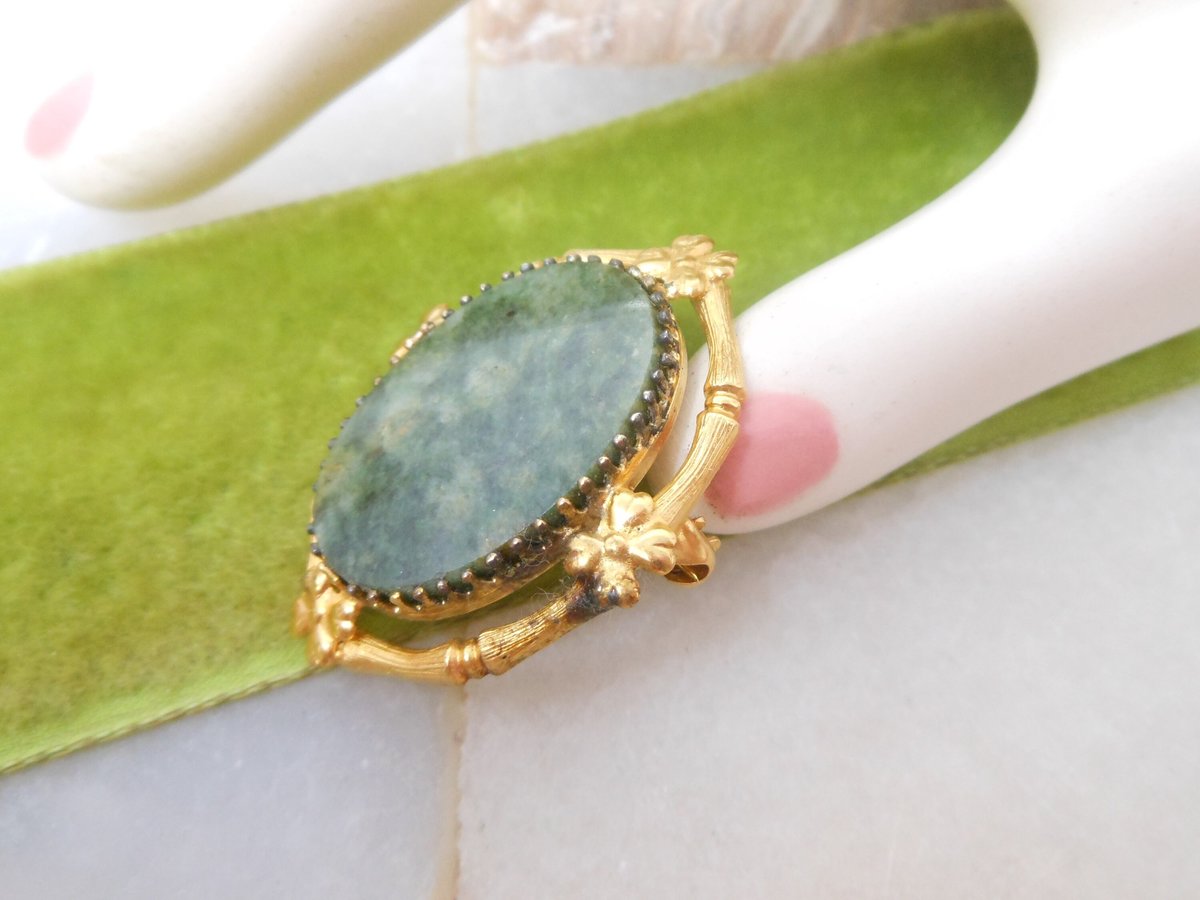 Vintage REIS Gold Fill Jade Brooch Designer Pin Pendant Green Bamboo Flower GF Ornate Asian Revival Mid Century Jewelry Gift, VivianJoel.com