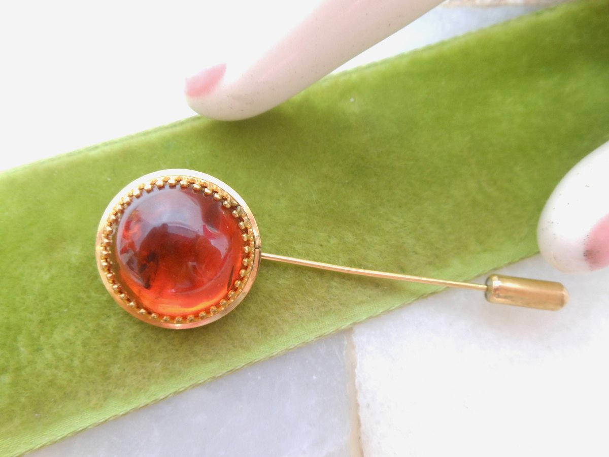 Vintage GOLD FILL Stick Pin Brooch Domed Golden Honey Brown Tree Resin Lapel Mid Century Jewelry Gift, VivianJoel.com
