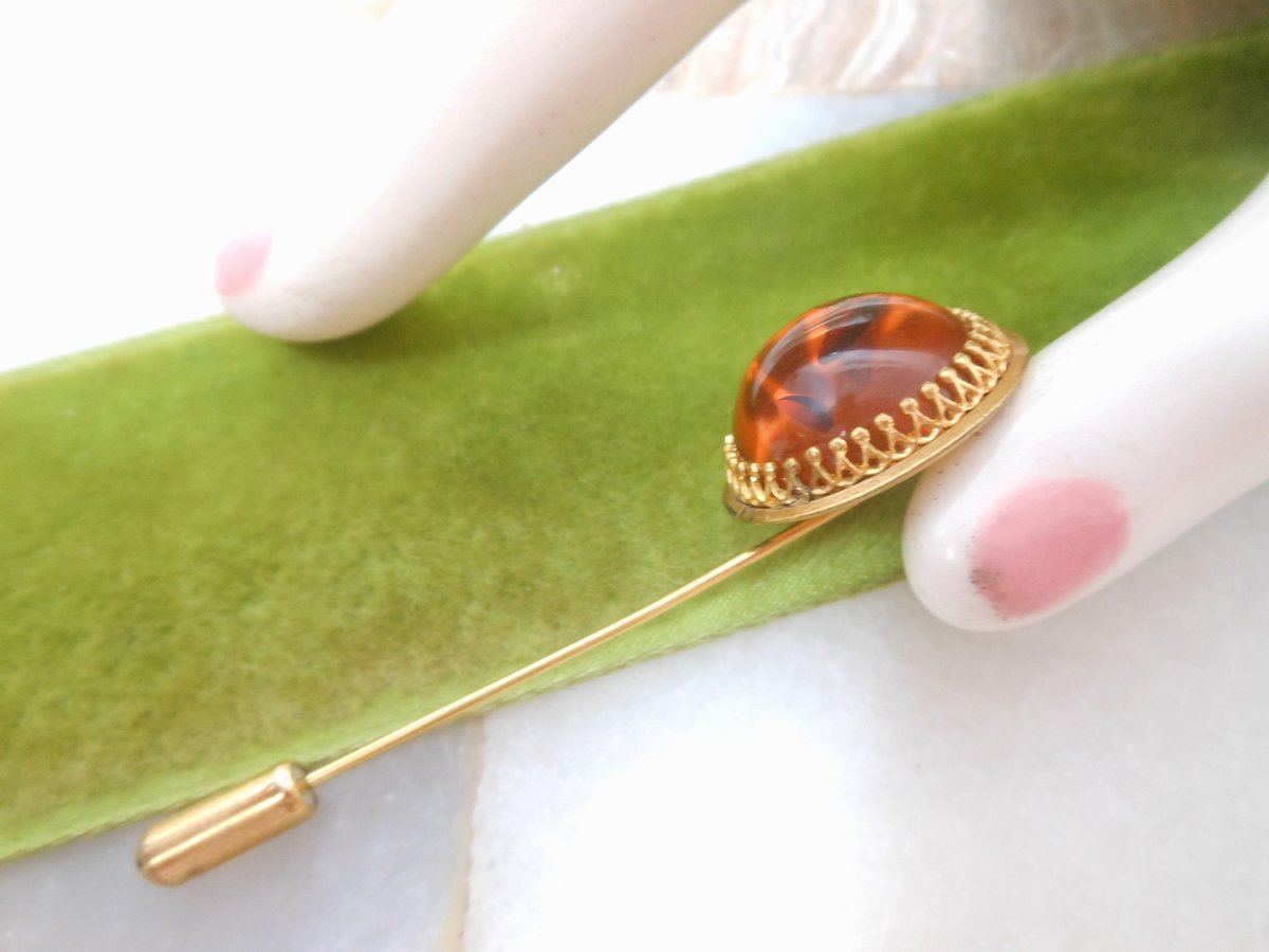 Vintage GOLD FILL Stick Pin Brooch Domed Golden Honey Brown Tree Resin Lapel Mid Century Jewelry Gift, VivianJoel.com
