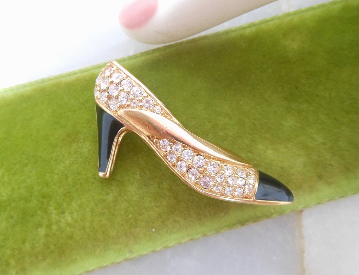 Vintage SWAROVSKI Swan Logo Brooch Designer High Heel Pin Spectator Pump Shoe Crystal Black Enamel Jewelry Gift, VivianJoel.com