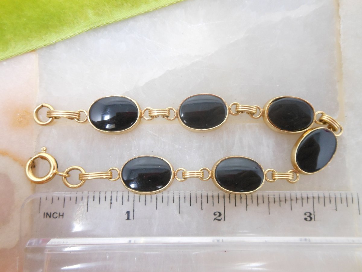 Vintage Black Glass GOLD FILL Bracelet 12K GF Chain Mourning Jewelry Gift Mid Century, VivianJoel.com