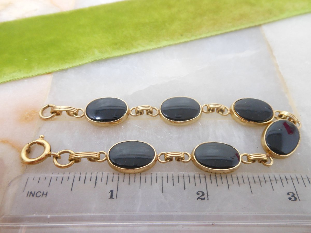 Vintage Black Glass GOLD FILL Bracelet 12K GF Chain Mourning Jewelry Gift Mid Century, VivianJoel.com