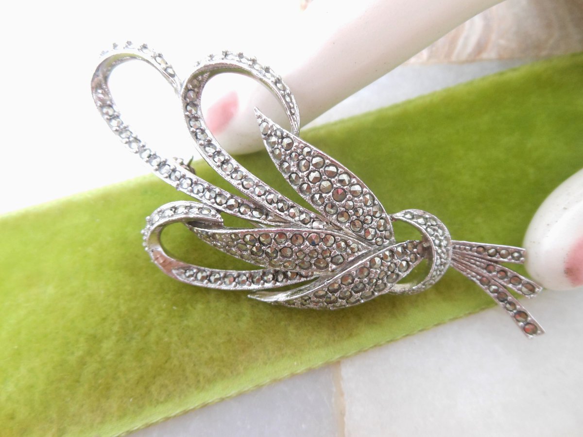 Vintage SPHINX Marcasite Brooch Elegant Ribbon Pin Branch Designer Jewelry Gift Mid Century, VivianJoel.com