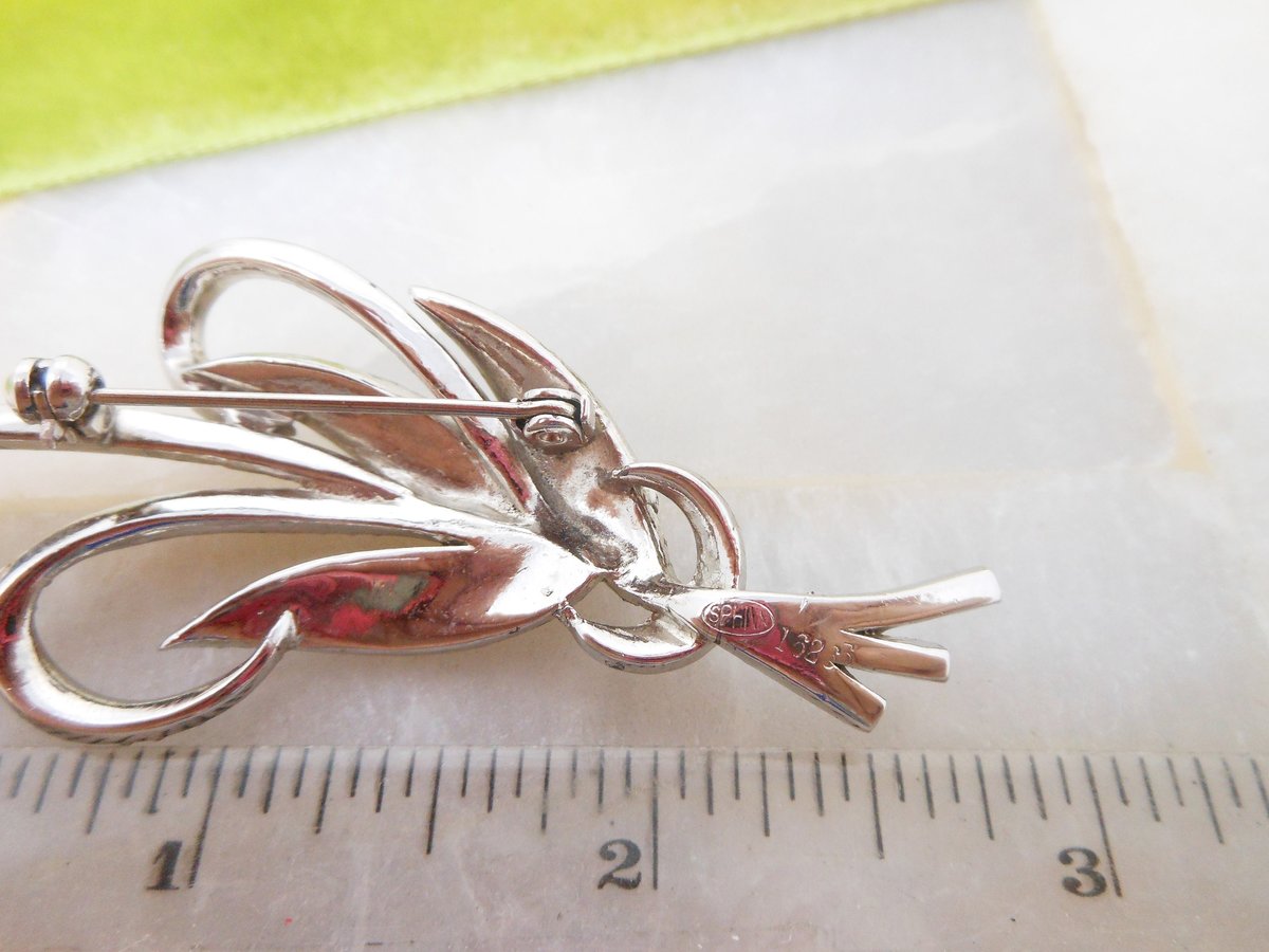 Vintage SPHINX Marcasite Brooch Elegant Ribbon Pin Branch Designer Jewelry Gift Mid Century, VivianJoel.com