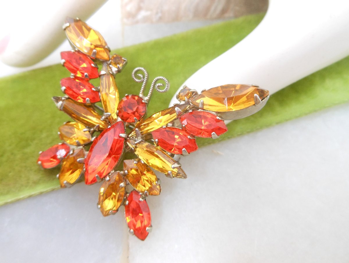 Vintage JULIANA Verified Brooch Butterfly Pin Orange Topaz Crystal Rhinestone Figural Bug Insect Mid Century Jewelry Gift, VivianJoel.com