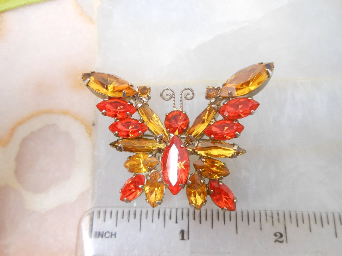 Vintage JULIANA Verified Brooch Butterfly Pin Orange Topaz Crystal Rhinestone Figural Bug Insect Mid Century Jewelry Gift, VivianJoel.com