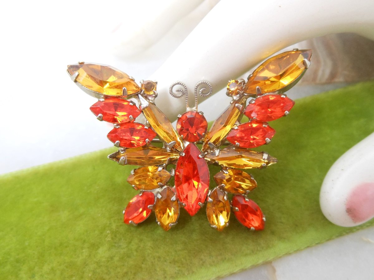 Vintage JULIANA Verified Brooch Butterfly Pin Orange Topaz Crystal Rhinestone Figural Bug Insect Mid Century Jewelry Gift, VivianJoel.com