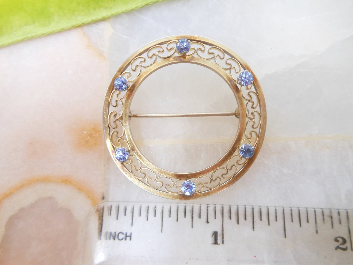 Vintage KREMENTZ Brooch Blue Crystal Wreath Pin Gold Overlay Minimalist Designer Mid Century Delicate Jewelry March Gift, VivianJoel.com