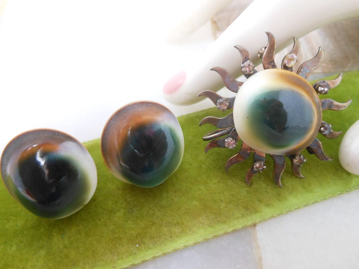 Vintage Operculum STERLING SILVER Brooch Sunburst Pin Designer Rode'Art Earrings Cat Eye Shiva Shell Mid Century Jewelry, VivianJoel.com