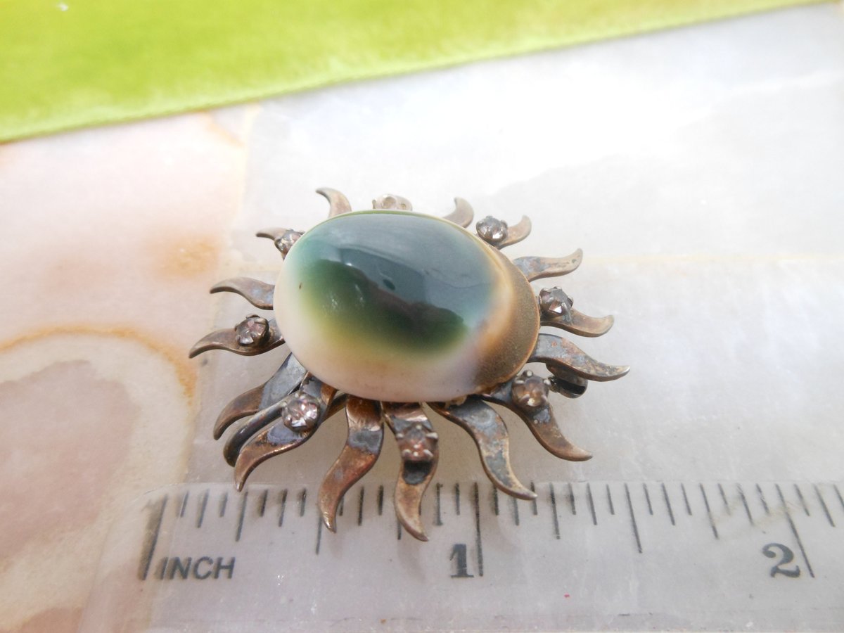 Vintage Operculum STERLING SILVER Brooch Sunburst Pin Designer Rode'Art Earrings Cat Eye Shiva Shell Mid Century Jewelry, VivianJoel.com