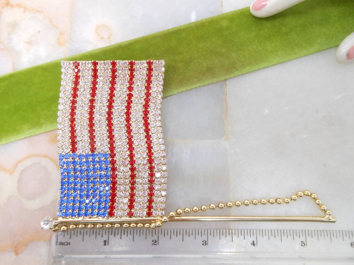 Vintage HUGE USA Flag Brooch Rhinestone Crystal Patriotic Pin Statement Runway Mid Century Jewelry Gift, VivianJoel.com