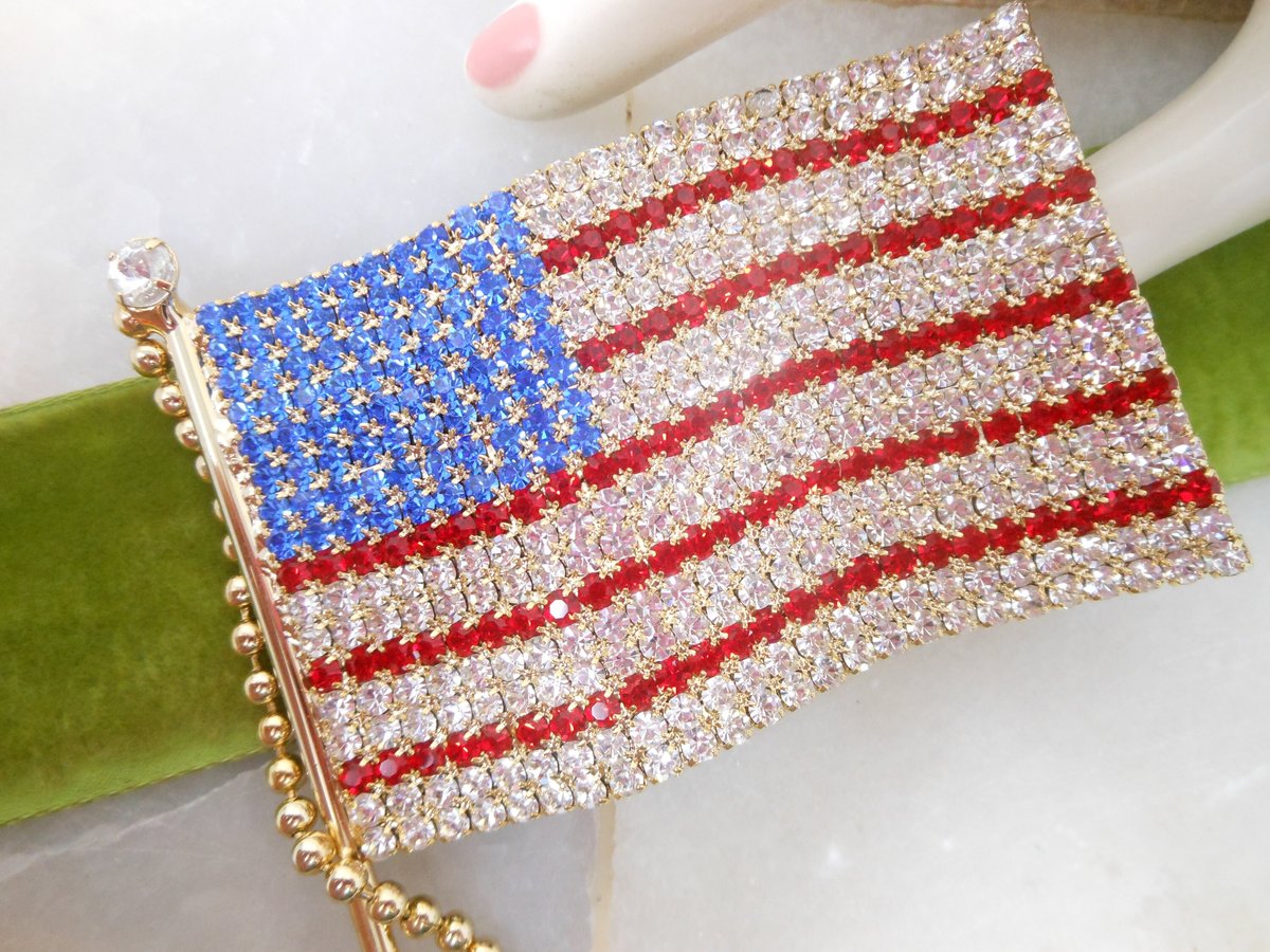 Vintage HUGE USA Flag Brooch Rhinestone Crystal Patriotic Pin Statement Runway Mid Century Jewelry Gift, VivianJoel.com