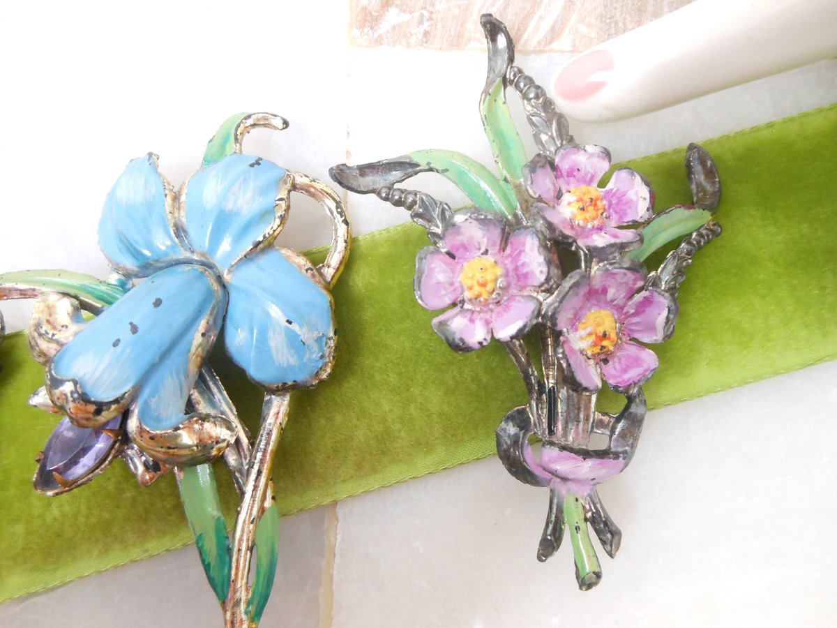 Vintage LOT 3 Orchid Rhinestone Flower Pin Brooch Enamel Plastic Celluloid Bouquet Mid Century Jewelry Gift, VivianJoel.com