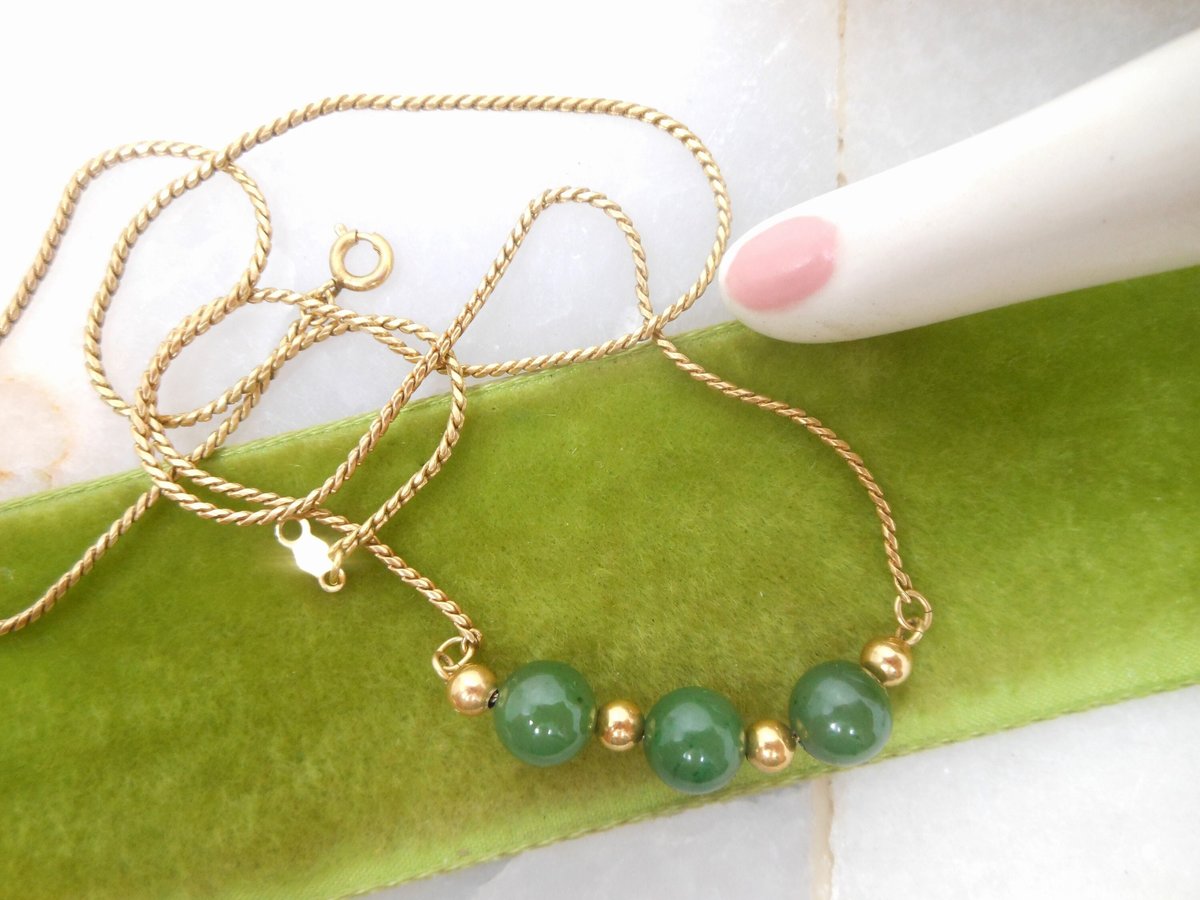 Vintage Jade Gold Fill Necklace Gemstone Bead GF Minimalist Designer Mid Century August Birthstone Gift Jewelry, VivianJoel.com