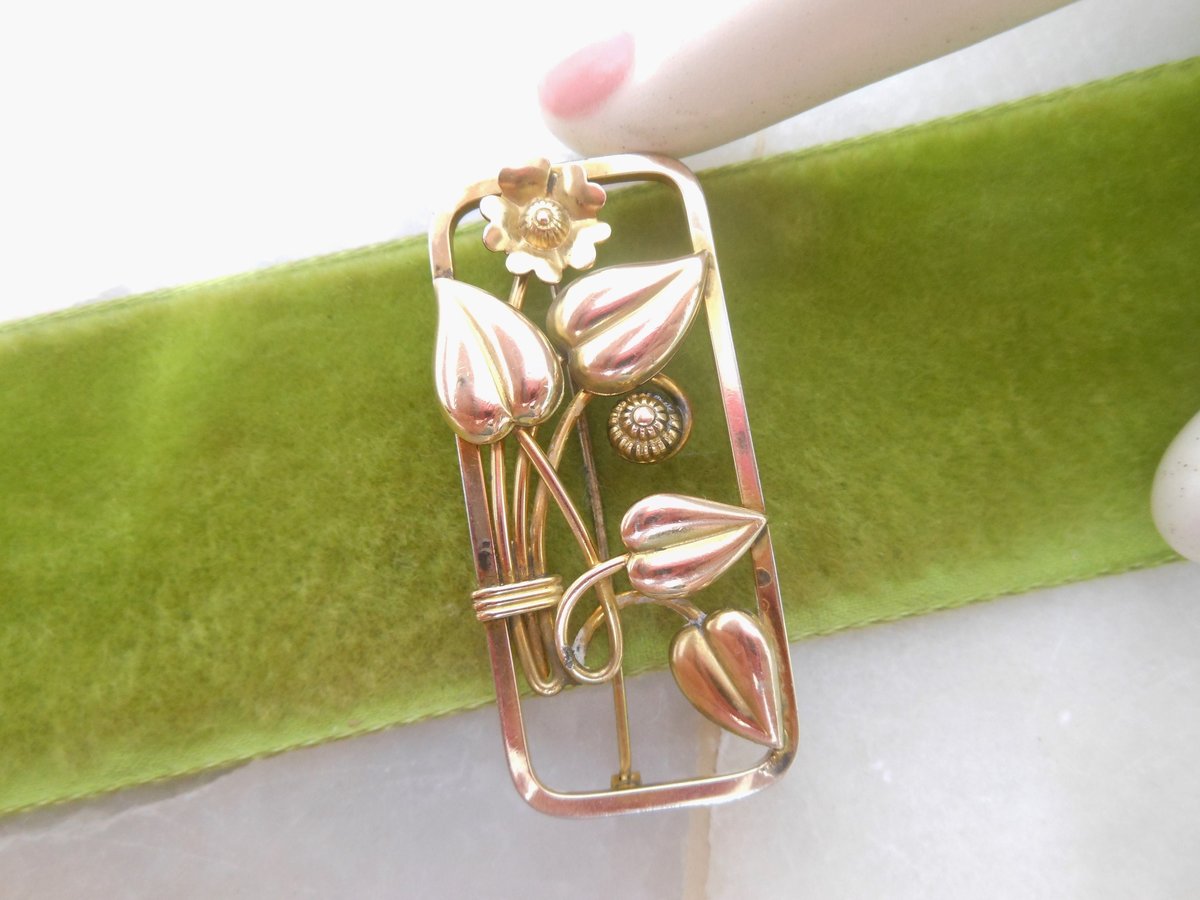 Vintage Flower Brooch Gold Fill Frame Pin GF Designer LOUIS STERN Mid Century Art Nouveau Style Jewelry Gift, VivianJoel.com