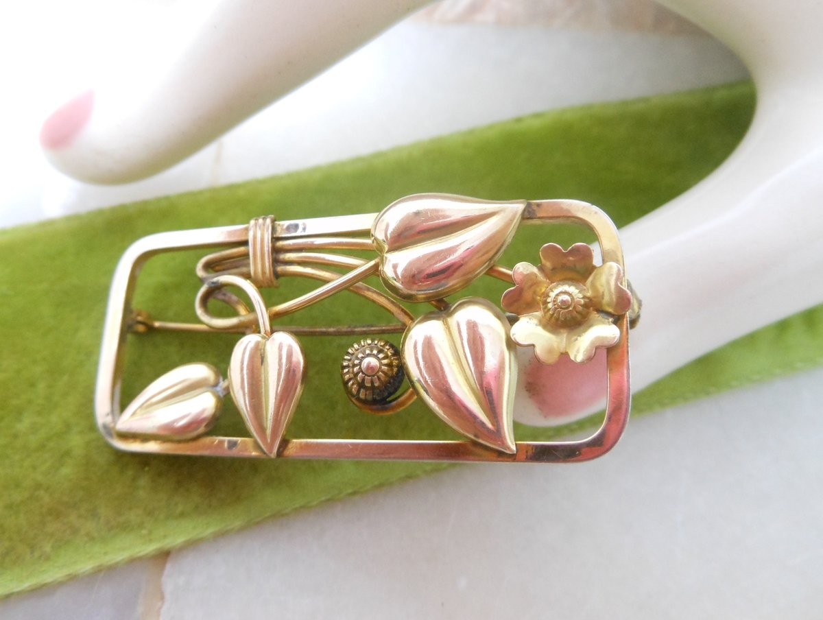 Vintage Flower Brooch Gold Fill Frame Pin GF Designer LOUIS STERN Mid Century Art Nouveau Style Jewelry Gift, VivianJoel.com