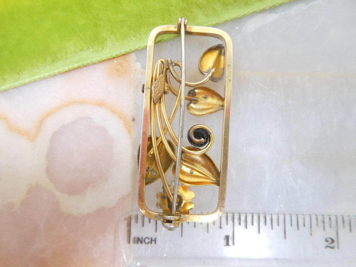 Vintage Flower Brooch Gold Fill Frame Pin GF Designer LOUIS STERN Mid Century Art Nouveau Style Jewelry Gift, VivianJoel.com