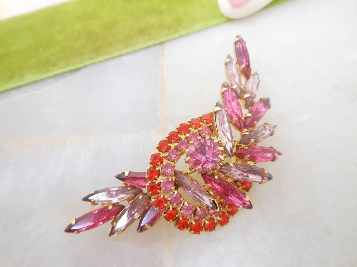 Vintage Pink Rhinestone Brooch Pin Orange Lilac Crystal Mix Flower Spray Mid Century Jewelry Gift, VivianJoel.com