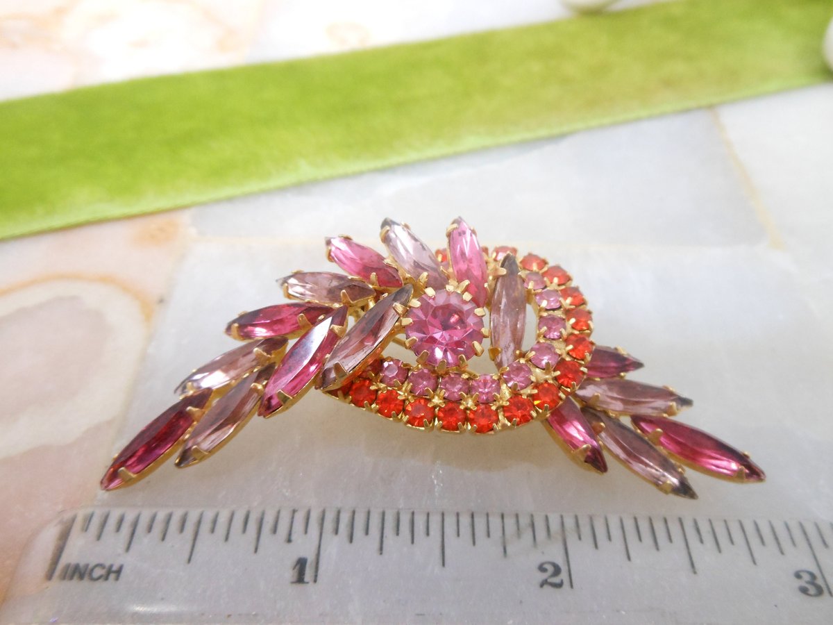 Vintage Pink Rhinestone Brooch Pin Orange Lilac Crystal Mix Flower Spray Mid Century Jewelry Gift, VivianJoel.com