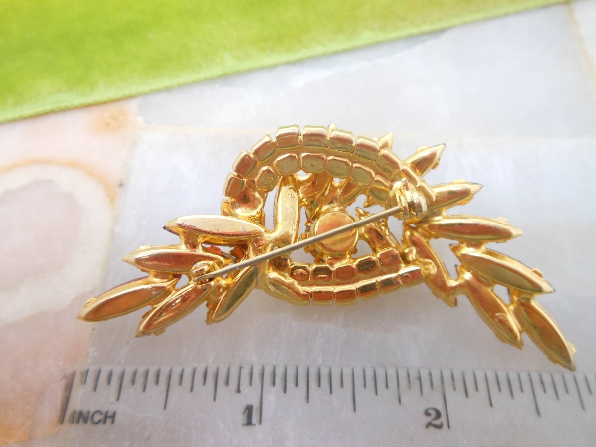 Vintage Pink Rhinestone Brooch Pin Orange Lilac Crystal Mix Flower Spray Mid Century Jewelry Gift, VivianJoel.com