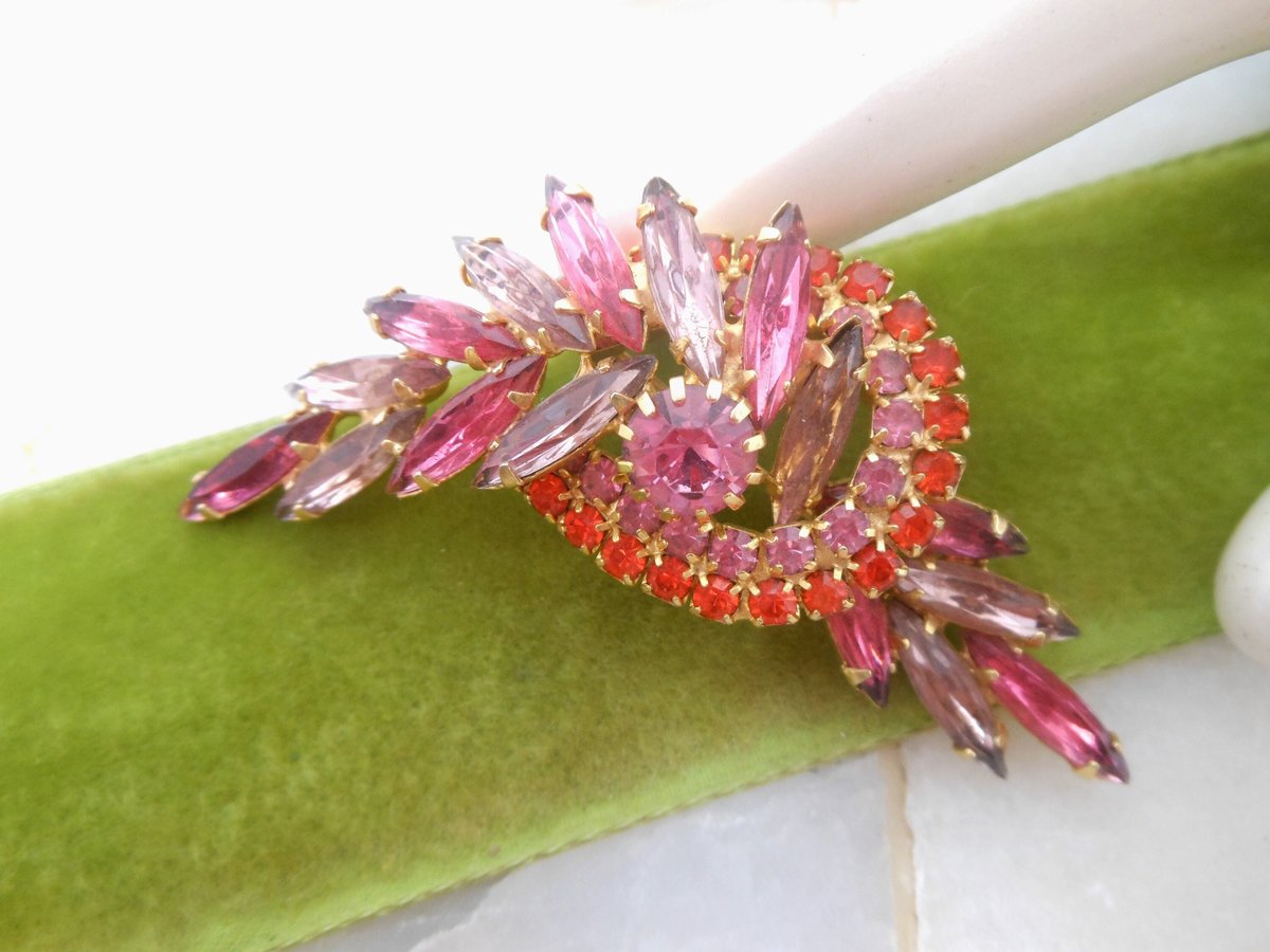 Vintage Pink Rhinestone Brooch Pin Orange Lilac Crystal Mix Flower Spray Mid Century Jewelry Gift, VivianJoel.com