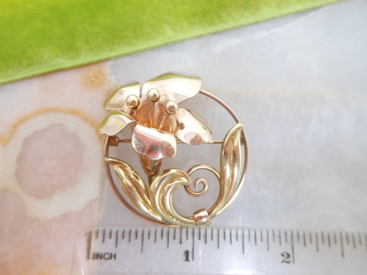 Vintage CARL ART Flower Brooch Gold Fill GF Trumpet Lily Patent Pin 1941 Designer Mid Century Gift, VivianJoel.com