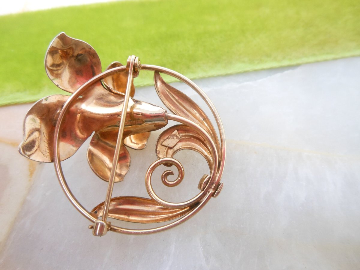 Vintage CARL ART Flower Brooch Gold Fill GF Trumpet Lily Patent Pin 1941 Designer Mid Century Gift, VivianJoel.com