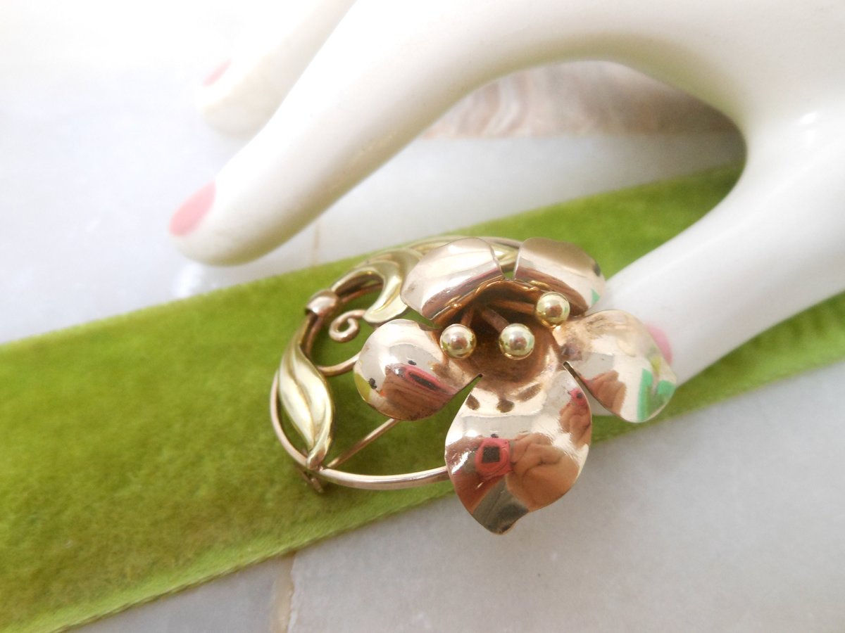 Vintage CARL ART Flower Brooch Gold Fill GF Trumpet Lily Patent Pin 1941 Designer Mid Century Gift, VivianJoel.com