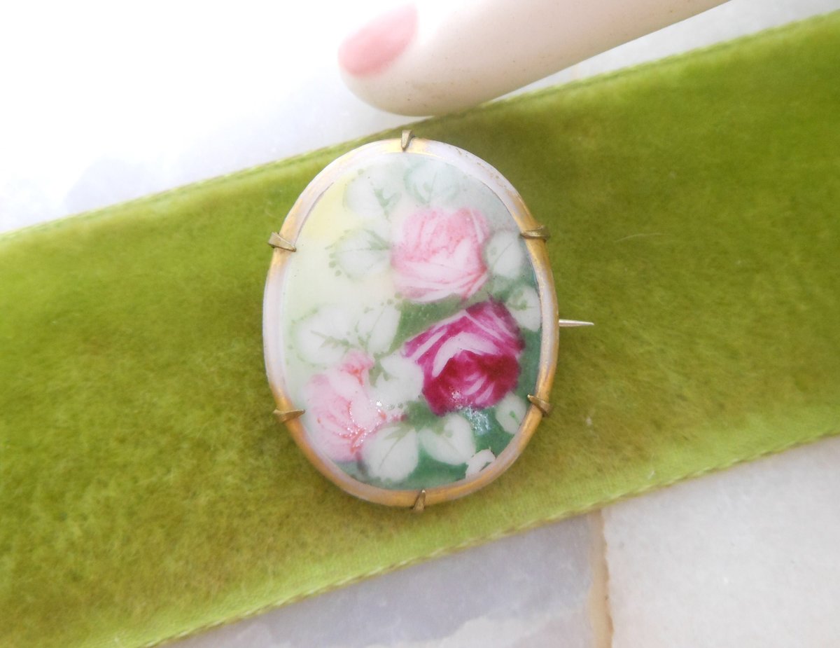 Vintage LOT 2 Victorian Pin Gilt Brooch Hand Painted Pink Red Rose Flower Purple Iris Mid Century Jewelry Gift, VivianJoel.com