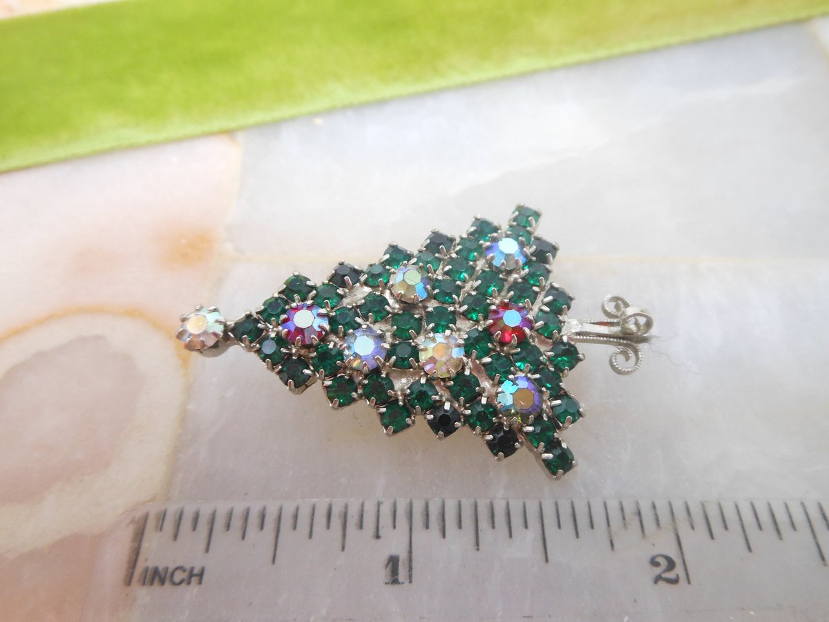 Vintage Christmas Tree Brooch Rhinestone Emerald Green AB Crystal Holiday Pin Mid Century Jewelry Gift, VivianJoel.com