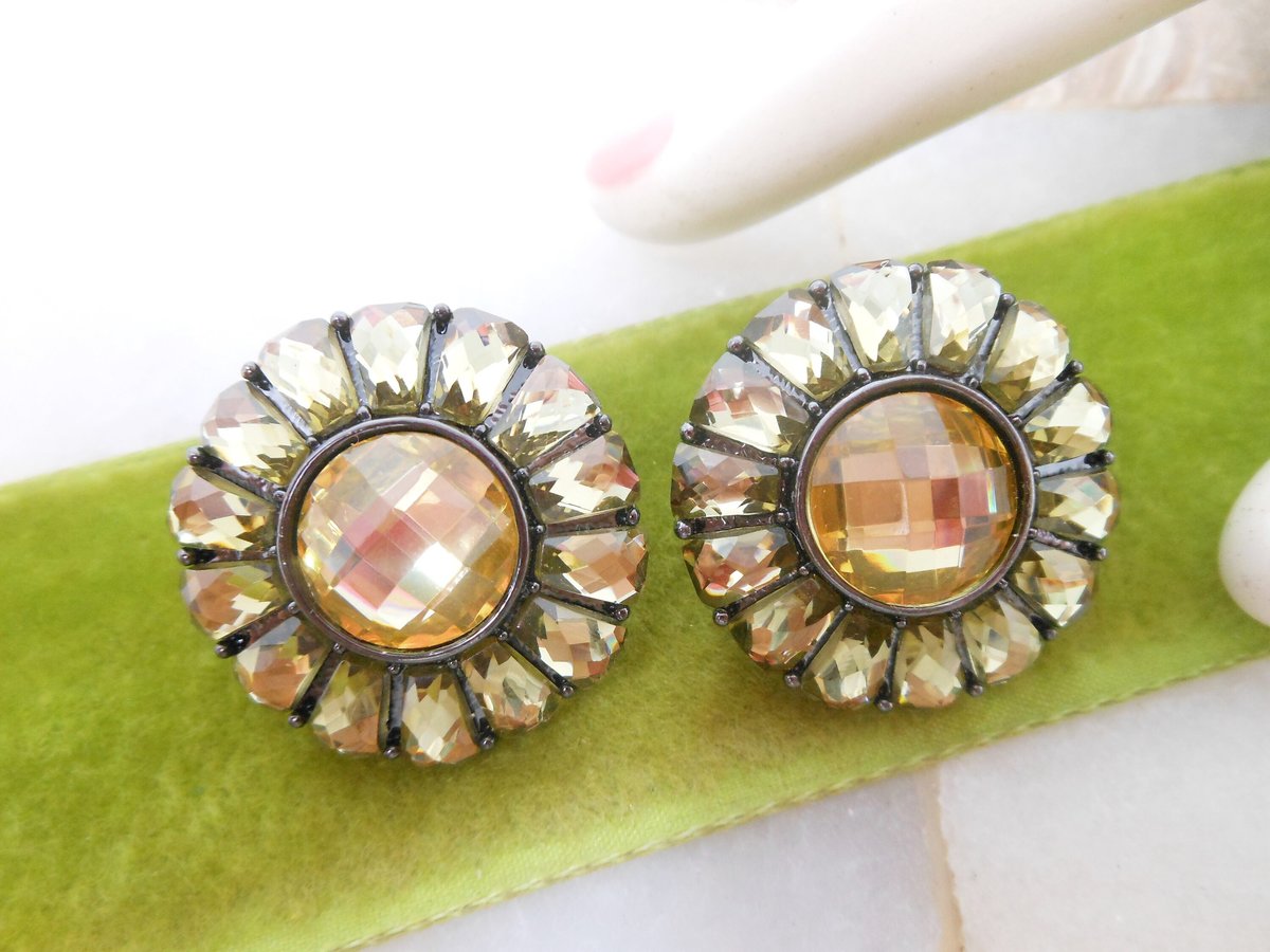 Vintage JOAN RIVERS Sunburst Earrings Pierced Post Citrine Flower Rhinestone Designer Jewelry Gift, VivianJoel.com