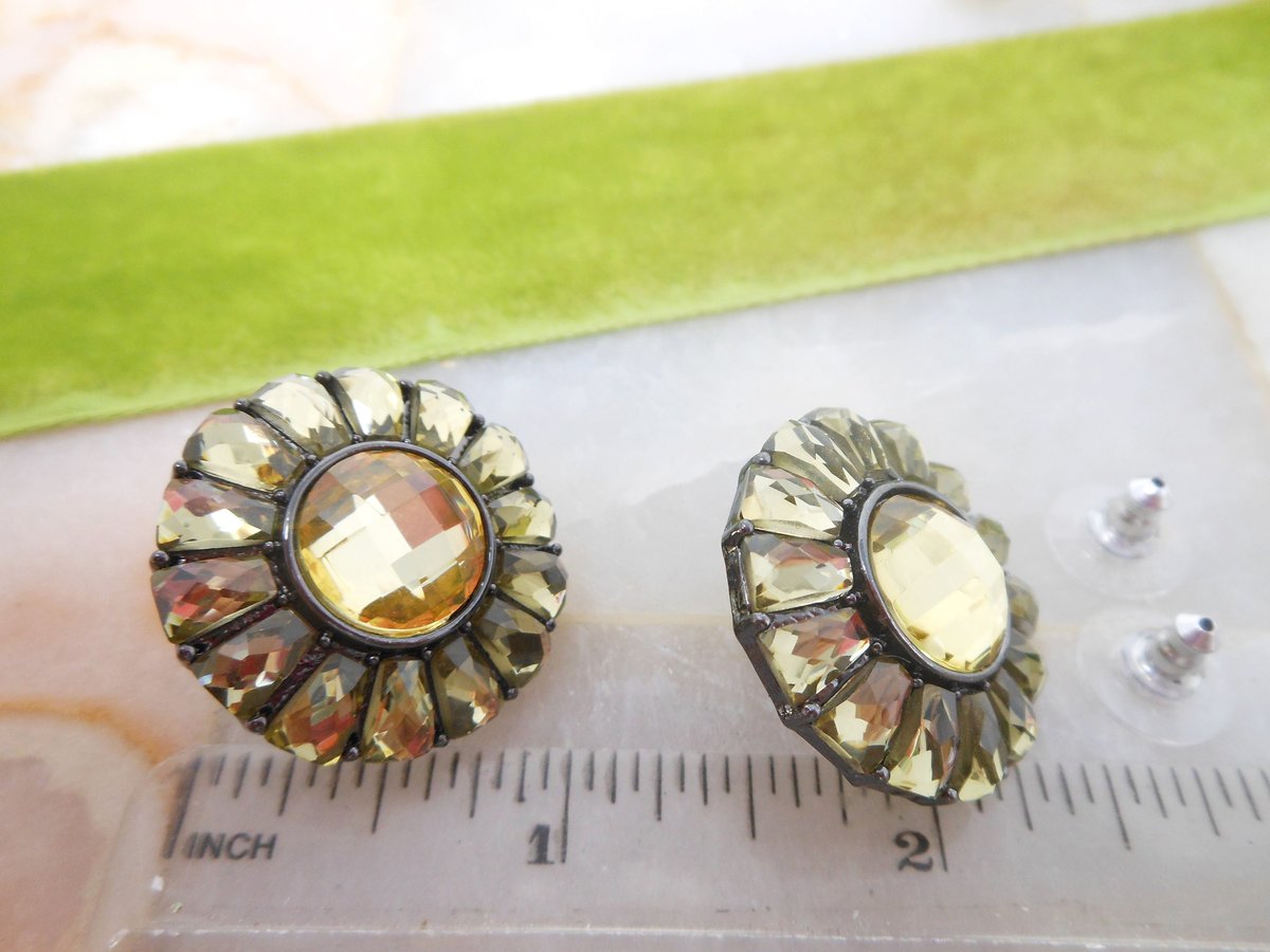 Vintage JOAN RIVERS Sunburst Earrings Pierced Post Citrine Flower Rhinestone Designer Jewelry Gift, VivianJoel.com