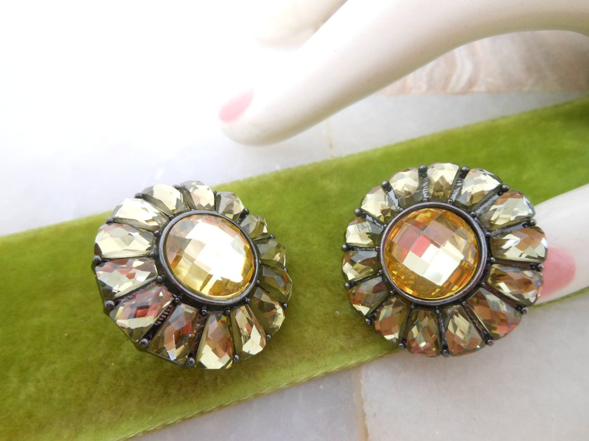 Vintage JOAN RIVERS Sunburst Earrings Pierced Post Citrine Flower Rhinestone Designer Jewelry Gift, VivianJoel.com