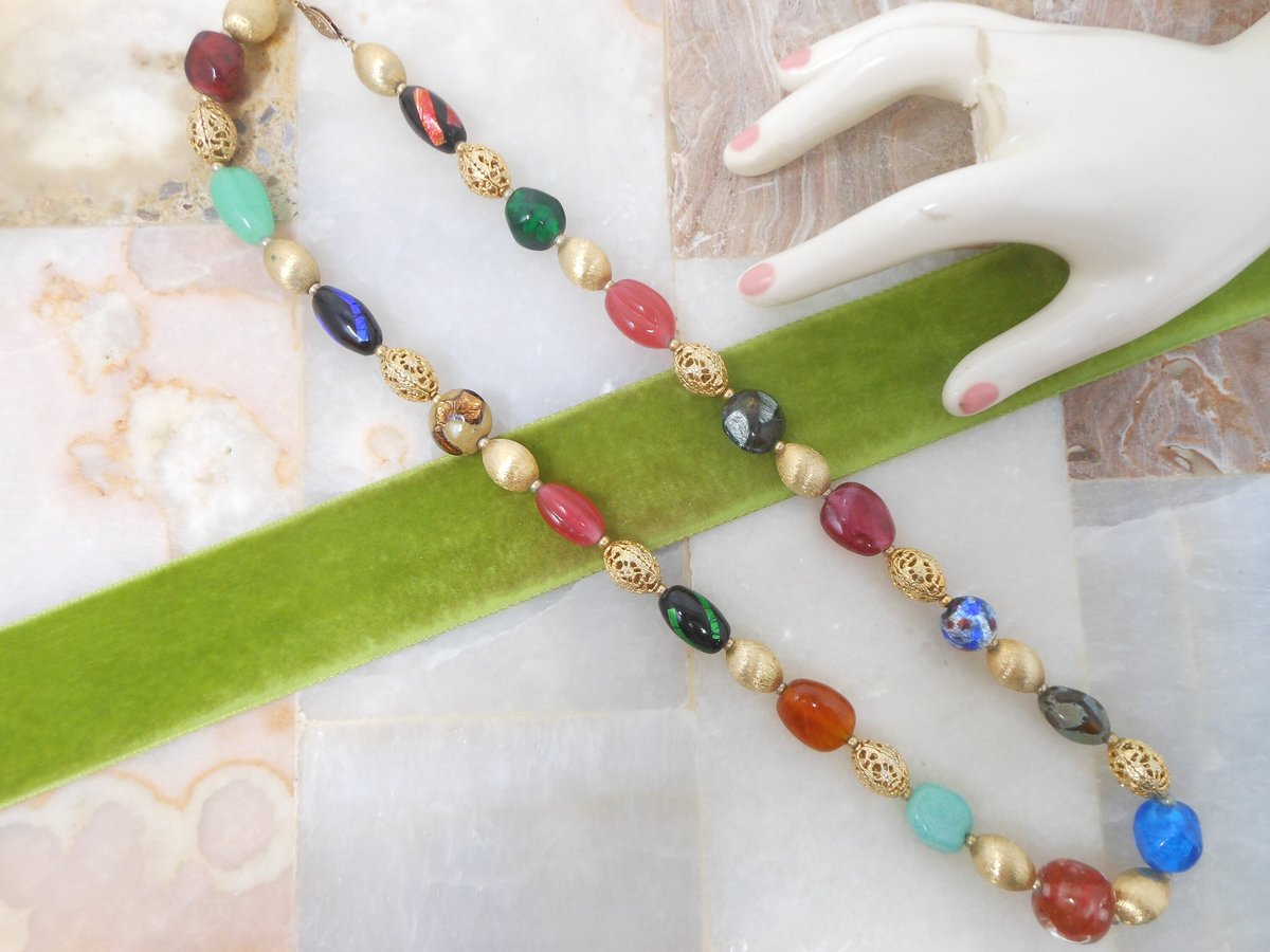 Vintage NAPIER Art Glass Bead Necklace Chain Chunky End of Day Classic Designer Mid Century Jewelry Gift, VivianJoel.com
