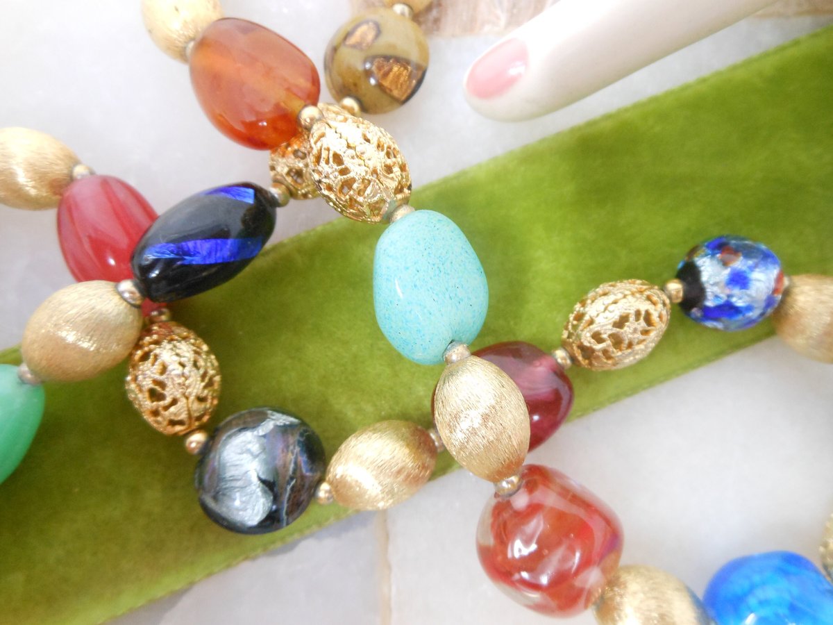 Vintage NAPIER Art Glass Bead Necklace Chain Chunky End of Day Classic Designer Mid Century Jewelry Gift, VivianJoel.com
