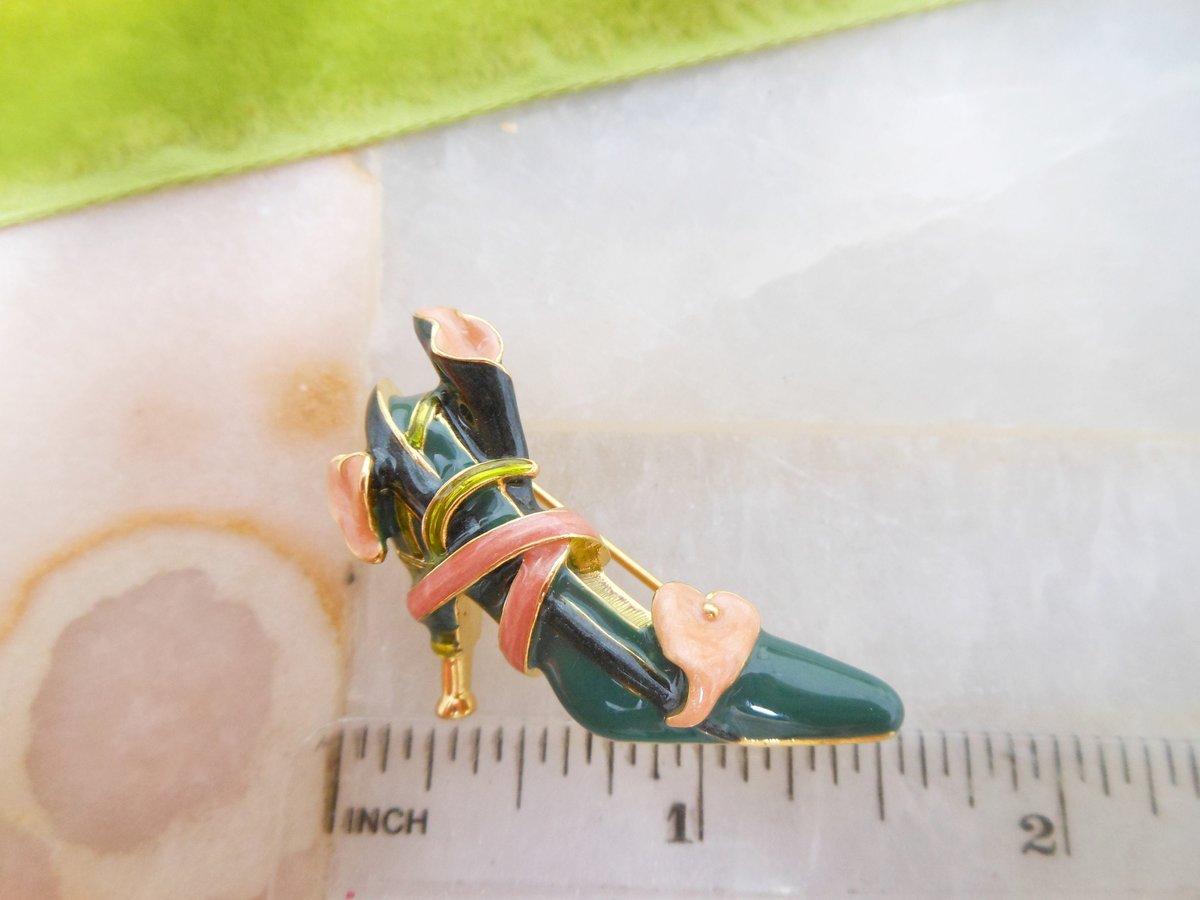 Vintage KJL Kenneth Jay Lane Shoe Brooch Pin Green Pink Enamel Calla Lily Breast Cancer Designer Jewelry Gift Collectible, VivianJoel.com
