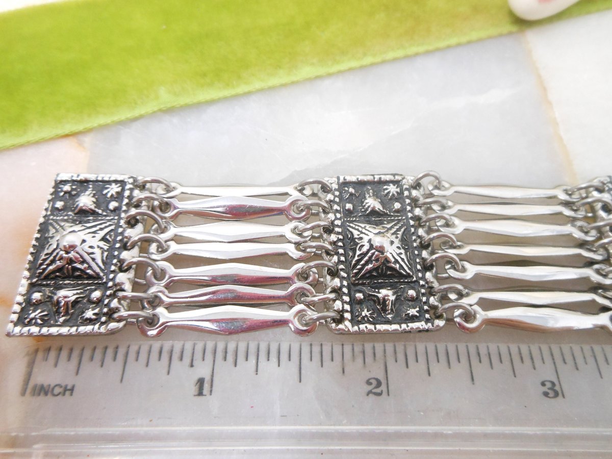 Vintage Silver Bracelet Wide Multi Link Replica 1930s Mexico Pyramid Panel Boho Statement Cuff Jewelry Gift NOT Sterling, VivianJoel.com