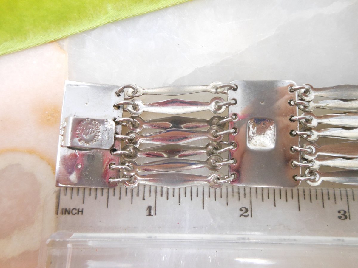 Vintage Silver Bracelet Wide Multi Link Replica 1930s Mexico Pyramid Panel Boho Statement Cuff Jewelry Gift NOT Sterling, VivianJoel.com