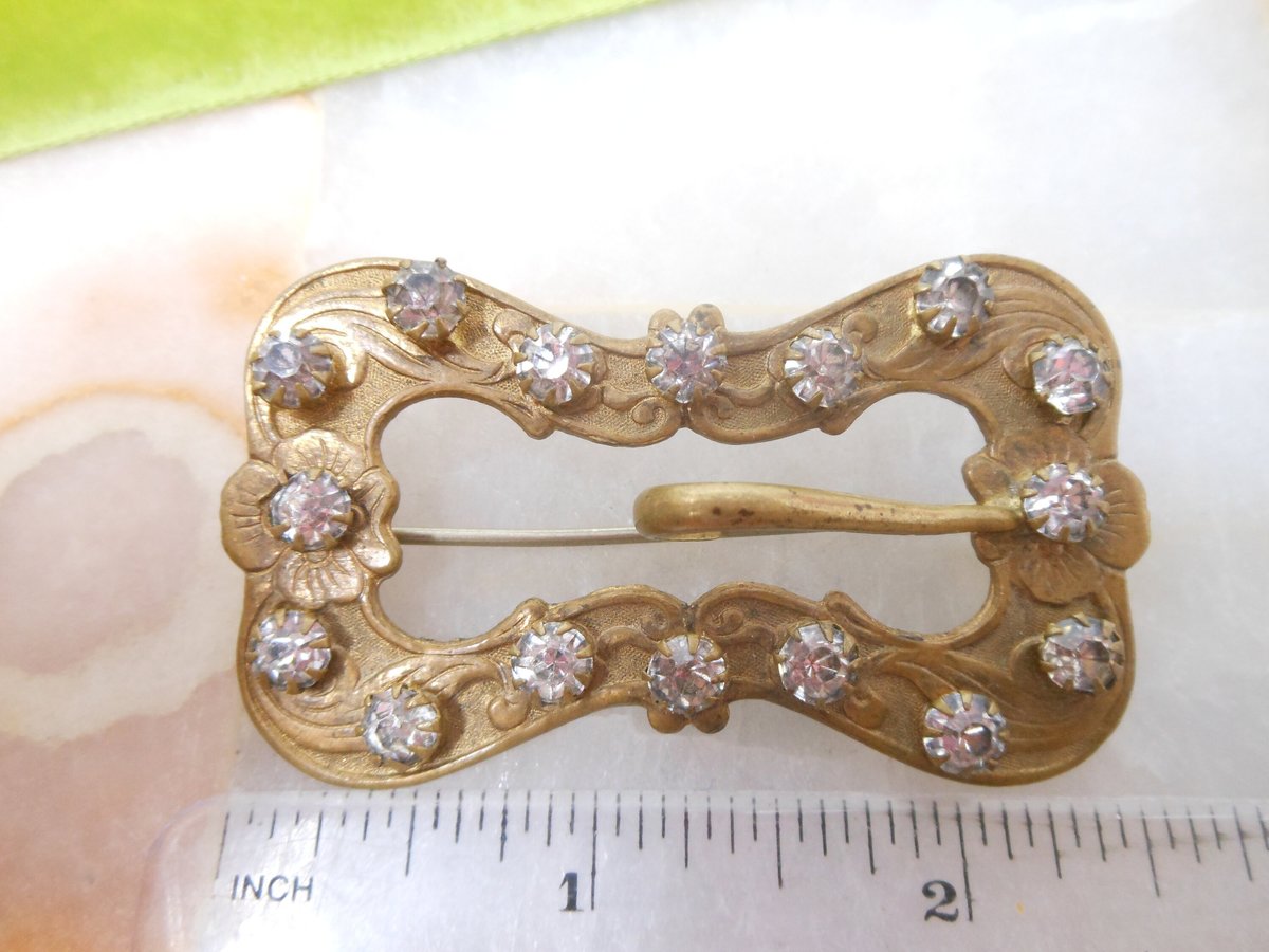 Vintage Rhinestone Sash Brooch Buckle Pin Clear Paste Jewelry Gift Wardrobe Costume Victorian Art Nouveau Mid Century, VivianJoel.com