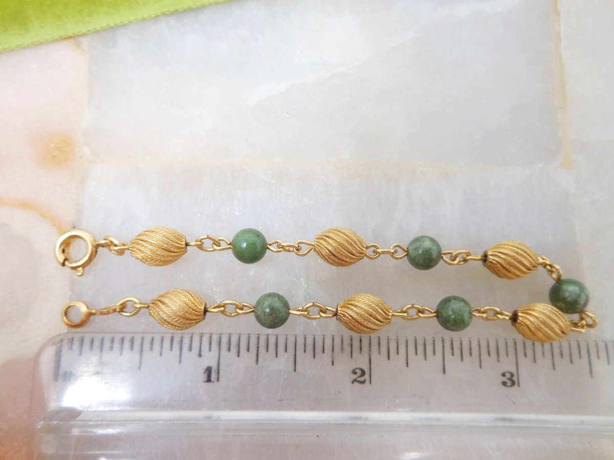 Vintage Jade Green Gold Fill Link Bracelet GF Skinny Tennis 12Kt Gold Filled Link Designer CC Jewelry Mid Century Gift, VivianJoel.com