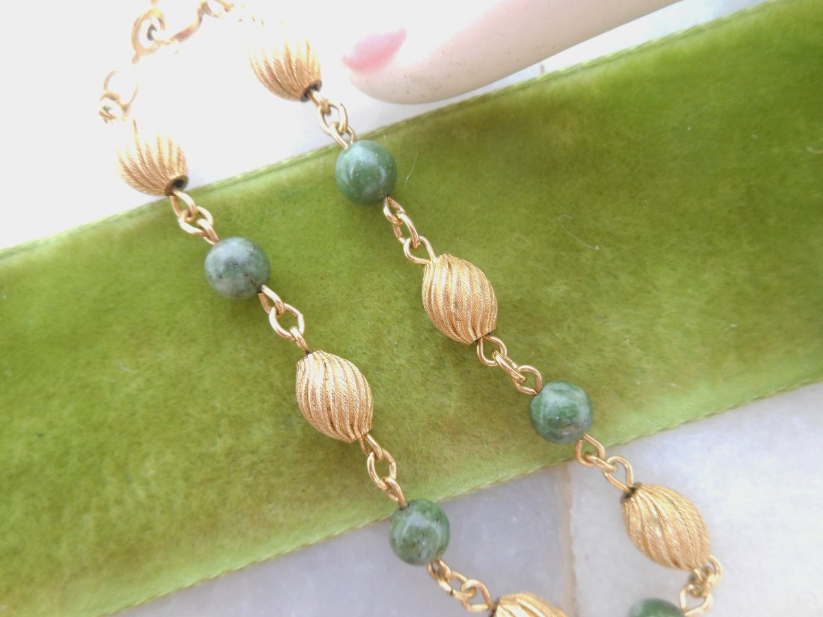 Vintage Jade Green Gold Fill Link Bracelet GF Skinny Tennis 12Kt Gold Filled Link Designer CC Jewelry Mid Century Gift, VivianJoel.com