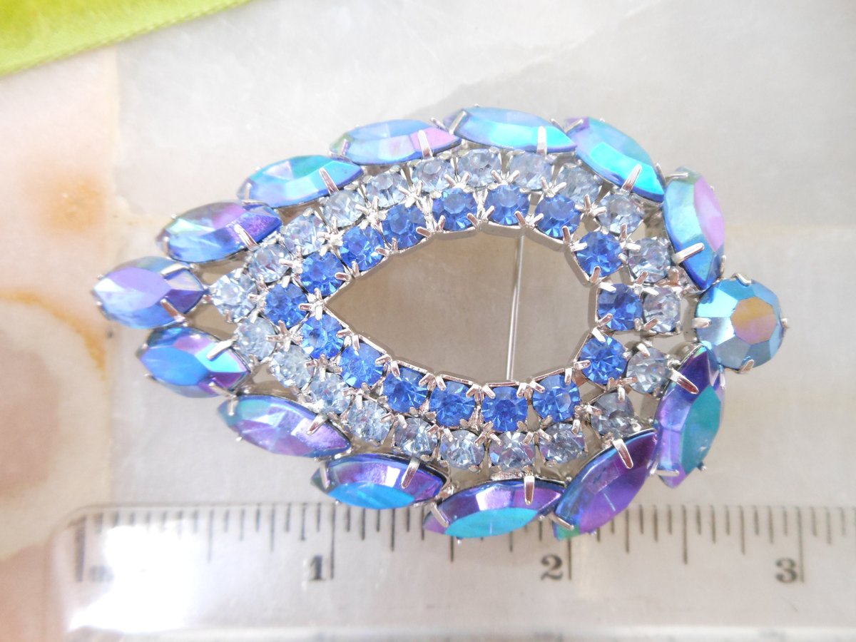 Vintage SARAH COVENTRY Brooch Rhinestone Blue Lagoon Aurora Borealis Crystal JULIANA Designer Jewelry Gift Mid Century, VivianJoel.com