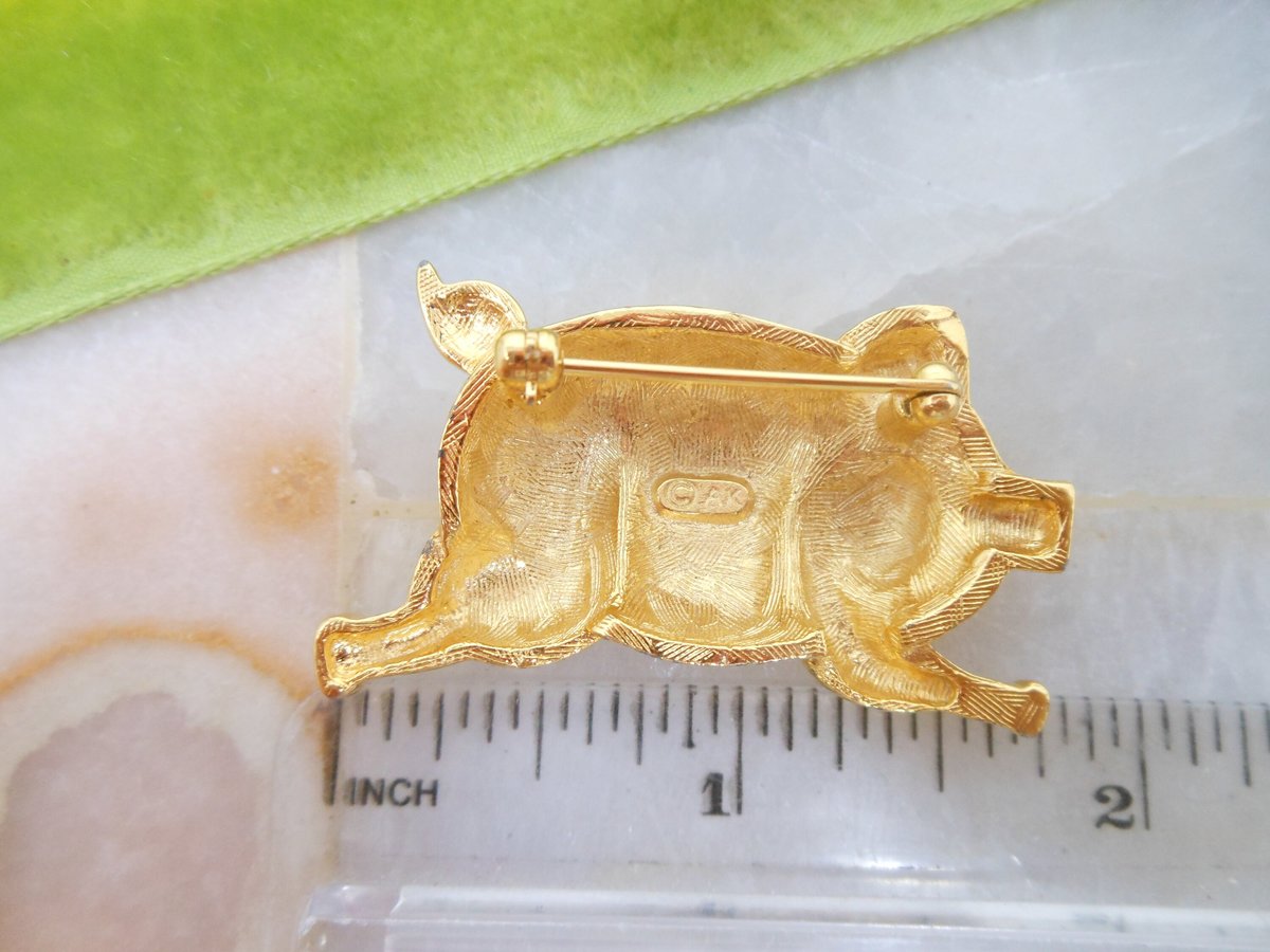 Vintage ANNE KLEIN Piglet Pin Figural When Pigs Fly Brooch Gold Plate Designer Mid Century Jewelry Gift, VivianJoel.com