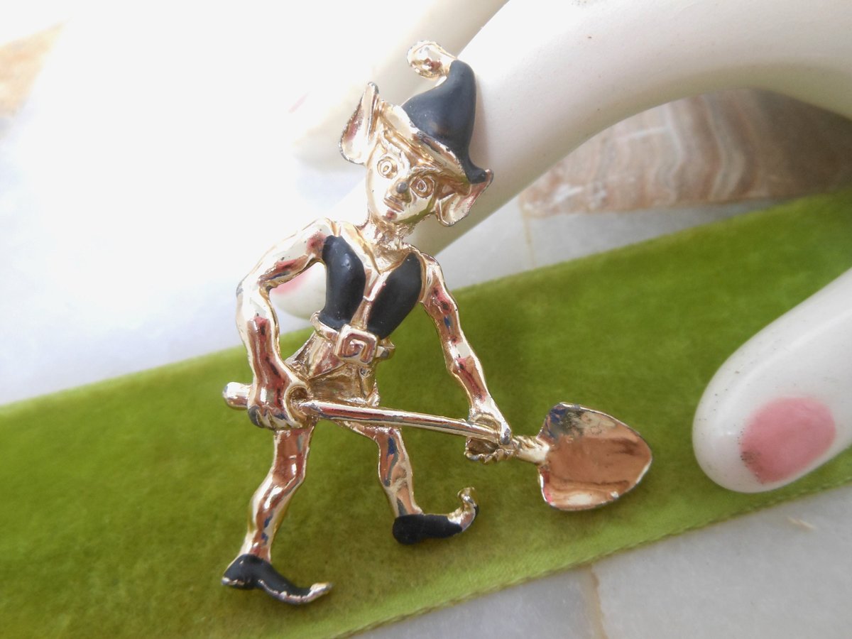 Vintage Pixie Elf Pin Shovel Figural Black Enamel Leprechaun Brooch Kitsch Mid Century Jewelry Gift, VivianJoel.com