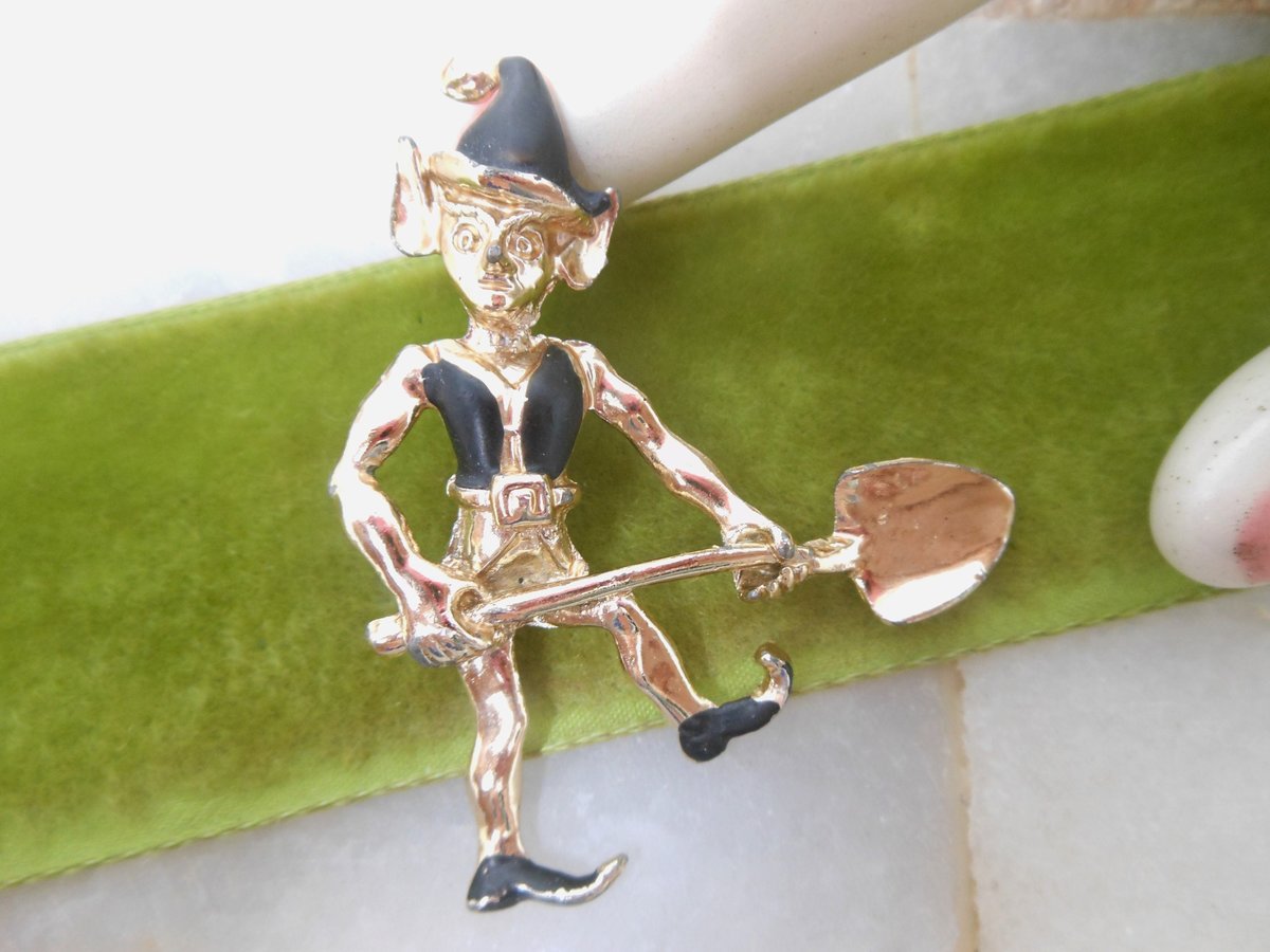 Vintage Pixie Elf Pin Shovel Figural Black Enamel Leprechaun Brooch Kitsch Mid Century Jewelry Gift, VivianJoel.com