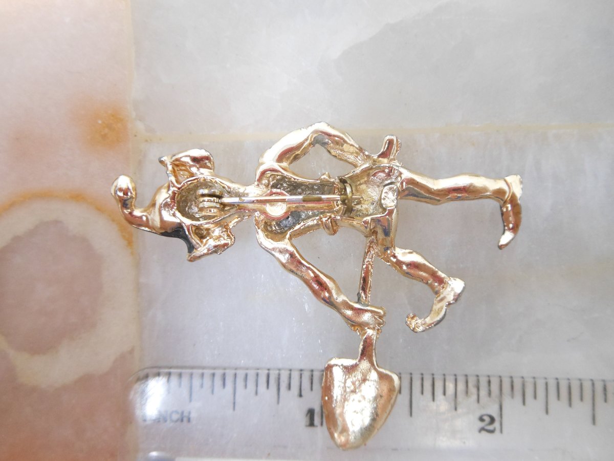 Vintage Pixie Elf Pin Shovel Figural Black Enamel Leprechaun Brooch Kitsch Mid Century Jewelry Gift, VivianJoel.com