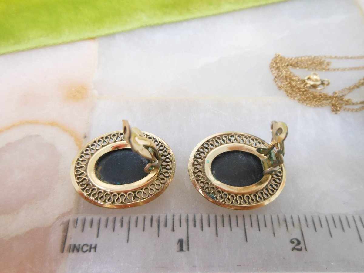 Vintage WINARD Onyx Gold Fill Pendant Necklace Earrings Set Delicate Filigree Black Mourning Designer GF Mid Century Jewelry, VivianJoel.com