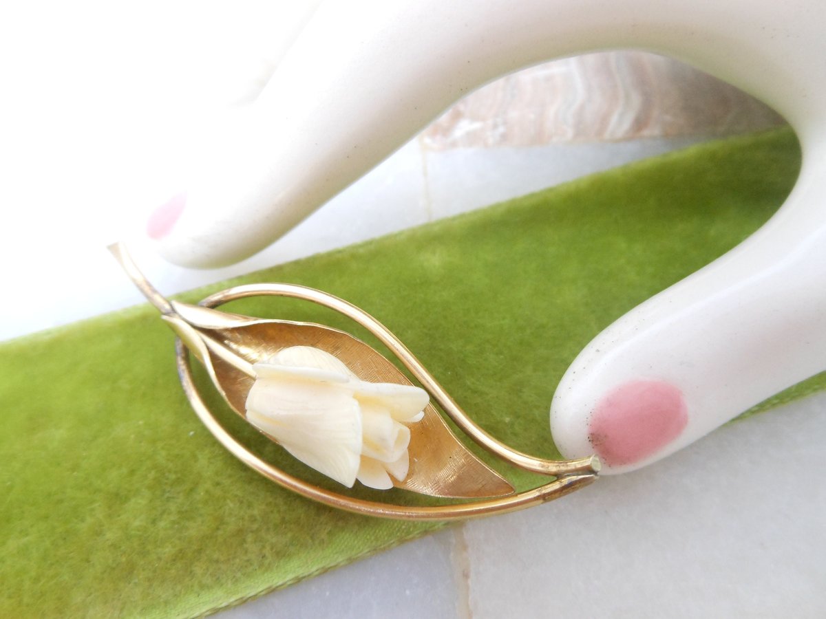 Vintage WINARD Designer Brooch Carved Rose Flower GF Pin Gold Fill Bovine Bone Jewelry Mid Century Elegant Gift, VivianJoel.com