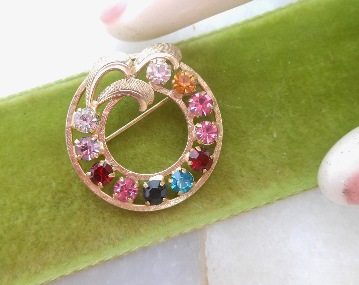 Vintage Rhinestone Wreath Brooch Pin Fruit Salad Circle Regency Revival Mid Century Jewelry Gift, VivianJoel.com