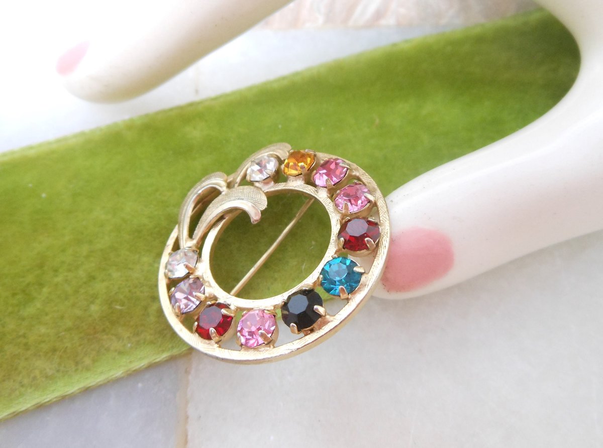 Vintage Rhinestone Wreath Brooch Pin Fruit Salad Circle Regency Revival Mid Century Jewelry Gift, VivianJoel.com